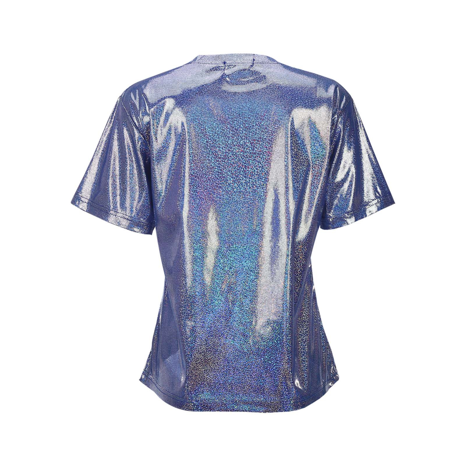 thumbnail image 5 of Top brillante de seda para mujer - Camiseta holgada con mangas cortas y purpurina, 5 of 8